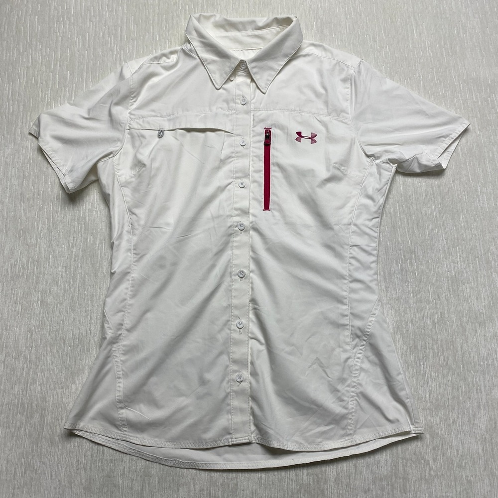 Under Armour HeatGear Button Up Shirt Womens Medium White Vented Hike Short Slv